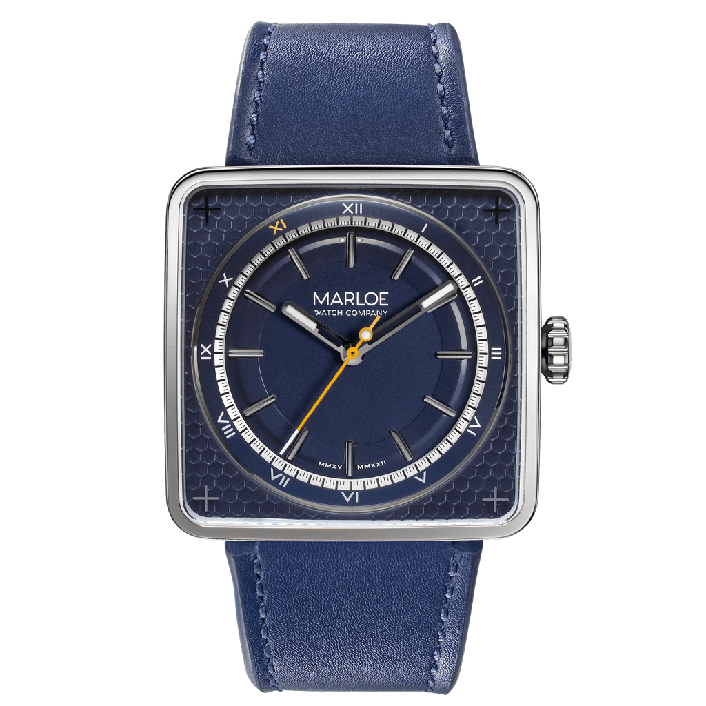 marloe watch company astro stellar automatic mechanical watch with a notched royal blue leather strap product photo