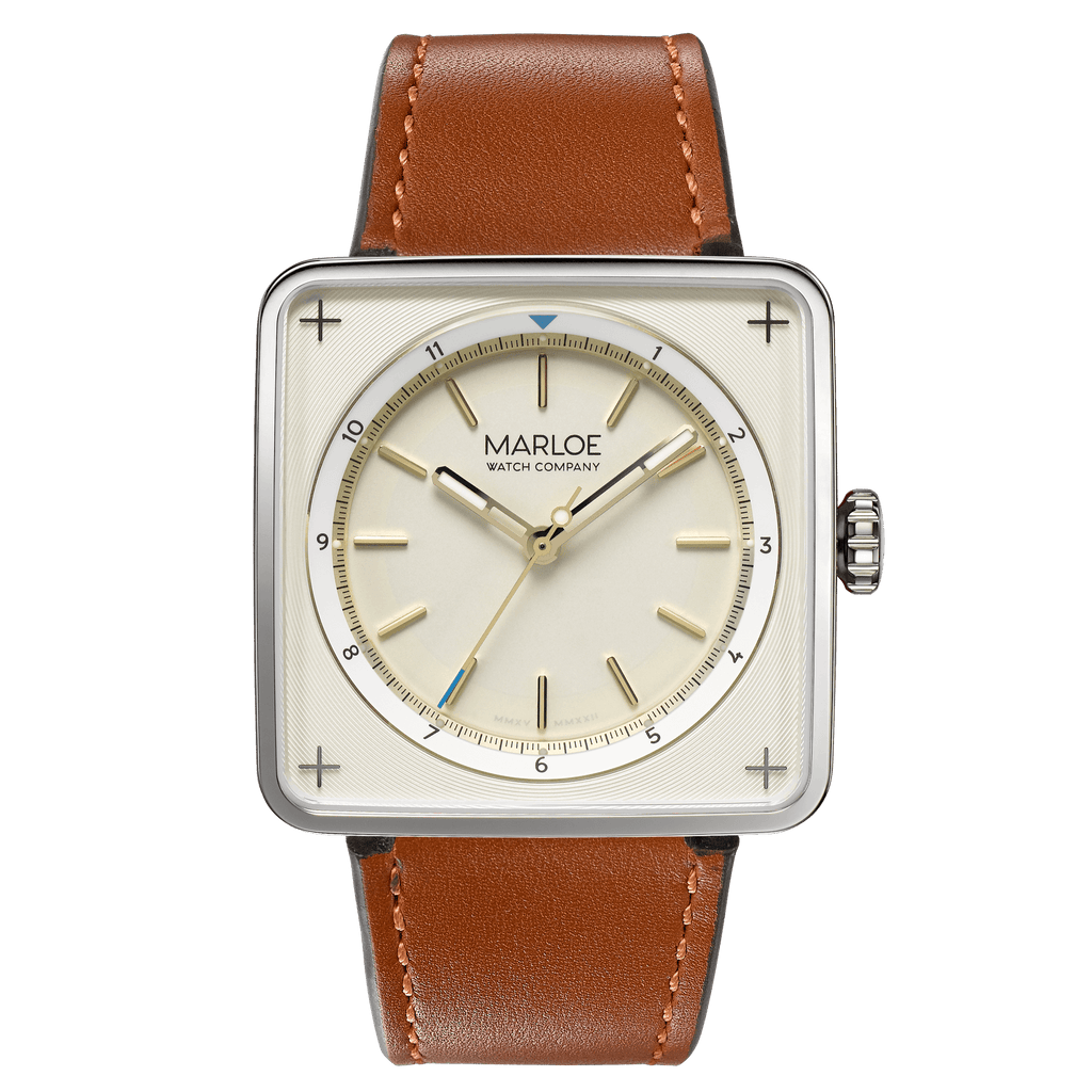 marloe watch company astro valentina automatic mechanical watch with a notched tan leather strap product photo